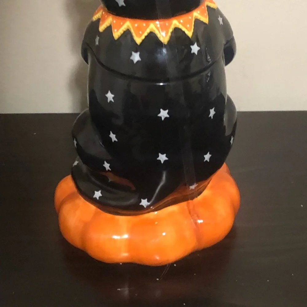Blue Sky 12 in Ceramic Halloween Black Cat Cookie Jar with Lid Orange/White